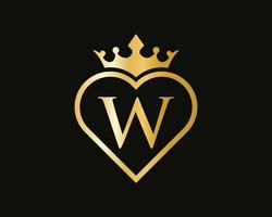 lettera w logo con corona e amore forma vettore