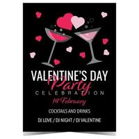 San Valentino giorno cocktail e bevande festa invito carta, promo manifesto o pubblicità bandiera con tintinnante bicchieri e rosa cuori su nero sfondo per celebrare il festa di santo san valentino. vettore