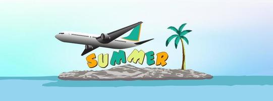 illustrazione di un aereo volante al di sopra di un isola con palma alberi e il parole estate vettore