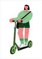 un' sostenibile stile di vita. personaggi nel un' moderno eco-città controllo un' scooter. un l'ambiente amichevole veicolo e il concetto di sostenibile trasporto. vettore illustrazione.