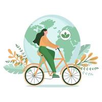 sostenibilità illustrazione. verde energia e eco amichevole trasporto. vettore illustrazione. ragazza equitazione un' bicicletta.