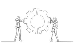 cartone animato di donna d'affari con squadra colleghi collegamento ruota dentata Ingranaggio insieme concetto di integrazione collaborazione. singolo continuo linea arte stile vettore
