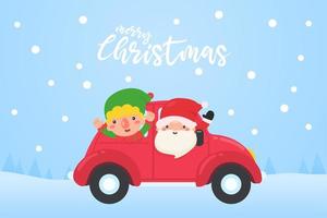 Babbo Natale e l'elfo guidano un'auto rossa per consegnare i regali vettore