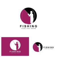 vettore icona logo pesca, pescare pesce sulla barca, design silhouette tramonto all'aperto