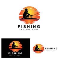 vettore icona logo pesca, pescare pesce sulla barca, design silhouette tramonto all'aperto