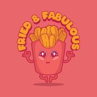 francese patatine fritte personaggio contento e Meditare vettore illustrazione. cibo, divertente, slogan design concetto.