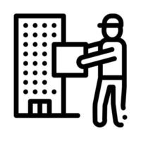 Corriere con scatola vicino grattacielo edificio icona vettore schema illustrazione