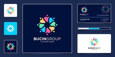 creativo persone gruppo con cuore simbolo e colorato logo design e attività commerciale carta vettore