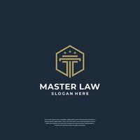 legge di giustizia logo design pilastro con scudo simbolo. minimalista logo con linea arte stile vettore
