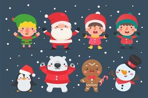 Babbo Natale, un pupazzo di neve, un elfo e altri personaggi natalizi