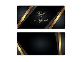 regalo certificato modelli isolato. vettore grafico nero voucher; tagliando layout con brillante d'oro arredamento elementi. illustrazione di regalo buono con lusso sfondo