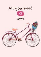 San Valentino giorno saluto carta con un' bicicletta e un' mazzo di fiori. vettore illustrazione