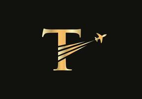 lettera t viaggio logo design concetto con volante aereo simbolo vettore