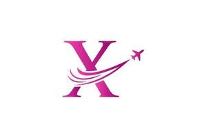 lettera X viaggio logo design concetto con volante aereo simbolo vettore