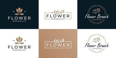 impostato di bellezza ramo e mazzi di fiori telaio con lusso minimalista logo collezione. vettore