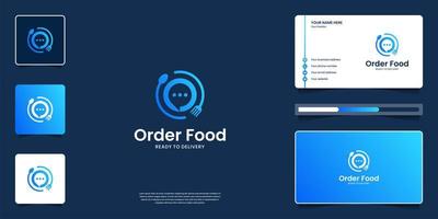 cibo logo con App icone, ristorante, bar. combinare parlare, forchetta, cucchiaio logo design e attività commerciale carta. vettore