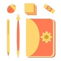 impostato di color arancio Stazionario nel uno stile. bloc notes, penna, matita, lavanderia, i Quaderni, temperamatite, scrittura lenzuola vettore
