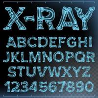 raggi X font vettore. trasparente roentgen alfabeto. radiologia 3d scansione. abc. blu osso. medico tipografia. capitali lettere e numeri. isolato illustrazione vettore