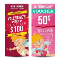 San Valentino S giorno voucher; tagliando vettore. verticale gratuito striscione. febbraio 14. San Valentino Cupido e i regali. amore annuncio. carino regalo rosso illustrazione vettore