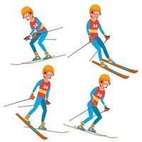 sciare giocatore maschio vettore. inverno attività riposo. sciare ricorrere. isolato piatto cartone animato personaggio illustrazione vettore