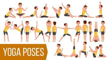 yoga uomo pose impostato vettore. rilassamento e meditazione. allungamento e torsione. praticando. corpo nel diverso pose. cartone animato personaggio illustrazione vettore