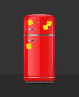 realistico dettagliato 3d Vintage ▾ rosso frigo con giallo appiccicoso Nota. vettore