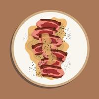 grigliato affettato Manzo bistecca con pomodori e rosmarino su un' piatto isolato su bianca piatto superiore Visualizza. cibo illustrazione, cibo cartone animato.