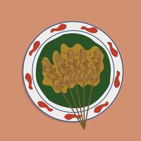 saziare Padang o satay Padang è speziato Manzo satay a partire dal padang, ovest sumatra. servito con speziato curry salsa e riso torta, longong su Banana foglia. isolato su piatto. cibo illustrazione, cibo cartone animato. vettore
