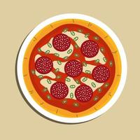 fresco al forno tradizionale italiano Pizza alla diavola con peperoni su bianca piatto, superiore Visualizza. cibo illustrazione vettore. cibo cartone animato. vettore