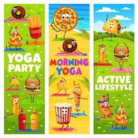 yoga fitness striscioni, cartone animato veloce cibo personaggi vettore