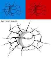 baseball colpire parete con forza e danneggiato, crepe su parete. gli sport design elemento. americano nazionale sport. attivo stile di vita. vettore su bianca o colore sfondo con crepe