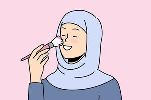sorridente giovane Arabo donna nel hijab fare trucco. contento arabo femmina con polvere spazzola ottenere pronto fare quotidiano bellezza routine. vettore illustrazione.