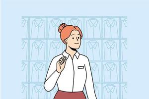 sorridente femmina consulente Lavorando nel abbigliamento maschile negozio. contento donna stilista nel uniforme occupato nel boutique o memorizzare di uomini moda. vettore illustrazione.