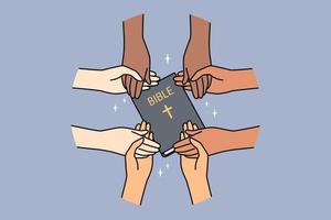 avvicinamento di diverso interrazziale persone hold mani preghiere insieme. multietnico gruppo Tenere Bibbia impegnato nel preghiera. religione e fede. vettore illustrazione.