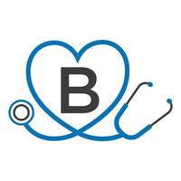 medico logo su lettera B modello. medici logo con stetoscopio cartello vettore