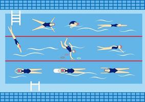 nuotatori nel nuoto piscina. sport professionale nuoto piscina con corsie. persone nuotare nel pubblico nuoto piscina vettore illustrazione impostare.
