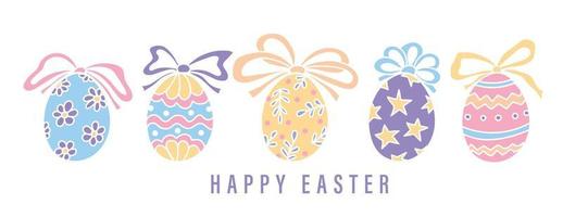 contento Pasqua striscione. di moda Pasqua design con mano disegnato Pasqua uova con legato fiocchi nel pastello colore vettore