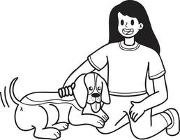 mano disegnato beagle cane abbracciato di proprietario illustrazione nel scarabocchio stile vettore