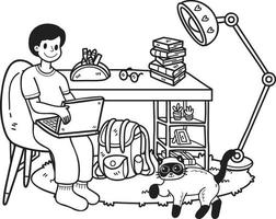 mano disegnato proprietario Lavorando su il computer portatile con gatto nel ufficio illustrazione nel scarabocchio stile vettore