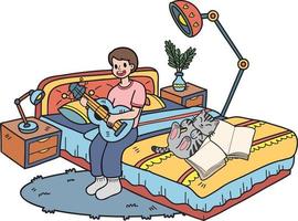 mano disegnato il proprietario giochi chitarra con il gatto nel il Camera da letto illustrazione nel scarabocchio stile vettore