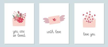impostato di San Valentino giorno saluto carte con mano disegnato buste. modello per saluto carta, invito, manifesto, striscione, regalo etichetta. vettore