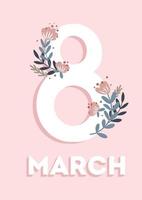 contento donne giorno 8 ° marzo vacanza saluto carta. mano disegnato femmina simbolo con bellissimo primavera decorazione e fiori. piatto manifesto su morbido rosa sfondo vettore