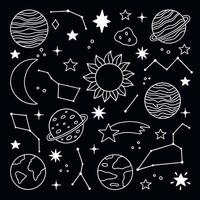 spazio scarabocchio impostare. pianeti, stelle, costellazioni, Luna nel schizzo stile. solare sistema. mano disegnato vettore illustrazione isolato su nero sfondo