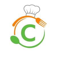 lettera c logo con capocuoco cappello, cucchiaio e forchetta per ristorante logo. ristorante logotipo vettore