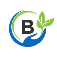mano su lettera B logo design. assistenza sanitaria cura, fondazione con mano simbolo vettore