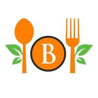 ristorante logo su lettera B modello. cucchiaio e forchetta, foglia simbolo per cucina cartello, bar icona, ristorante, cucinando attività commerciale vettore