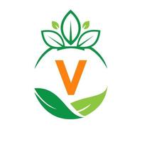 ecologia Salute su lettera v eco biologico logo fresco, agricoltura azienda agricola verdure. salutare biologico eco vegetariano cibo modello vettore