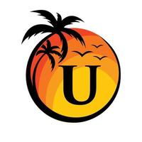 spiaggia logo su lettera u vettore cartello. estate vacanza su tropicale spiaggia logotipo
