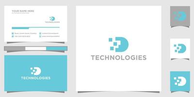 lettera d pixel logo, triangolo, blu colore, tecnologia digitale logotipo con attività commerciale carta modello vettore