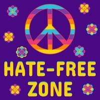 icona, etichetta, manifesto nel hippie stile con pace cartello, fiori e testo odiare gratuito zona su viola sfondo. vettore